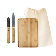 Load image into Gallery viewer, Pebbly Chef Set: 1 Cutting board, 1 Peeler, 1 Paring Knife & 1 Vegetable Bag