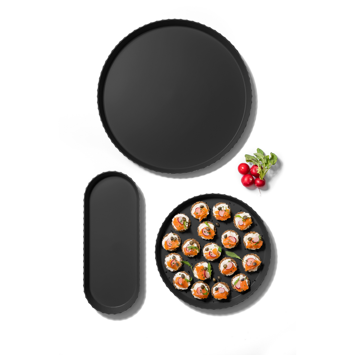 Blim+ Minerva Tray Medium in black, with a round tray and canapés