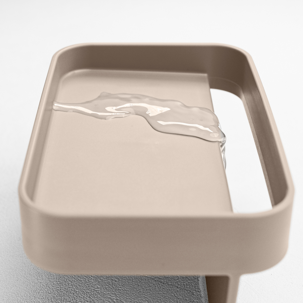 Blim+ Battigia Sponge Holder in taupe, close-up of the tray with water on it