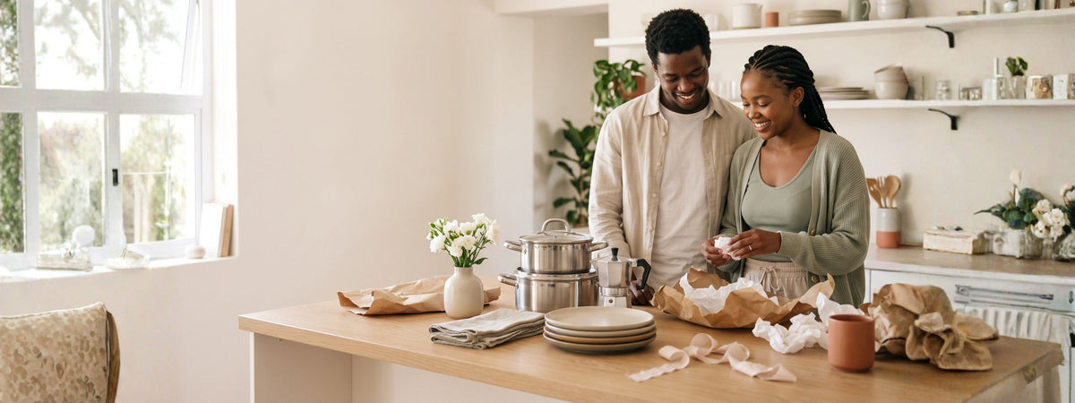 Couple unpacking wedding gifts in their new kitchen