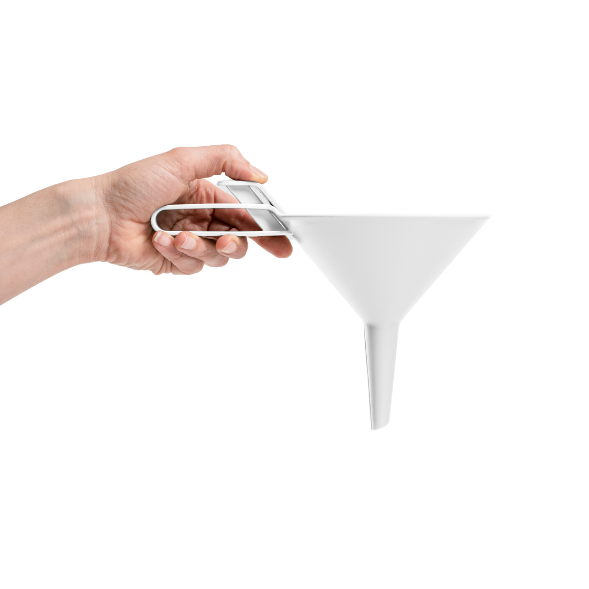 Blim+ Dolina Funnel in white, with a hand holding the handle