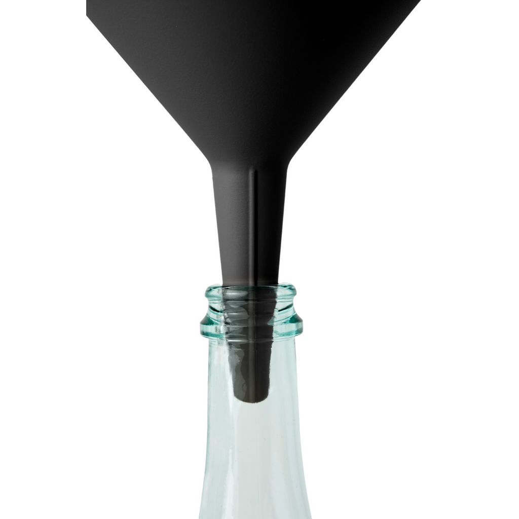 Blim+ Dolina Funnel in black, placed in a glass bottle