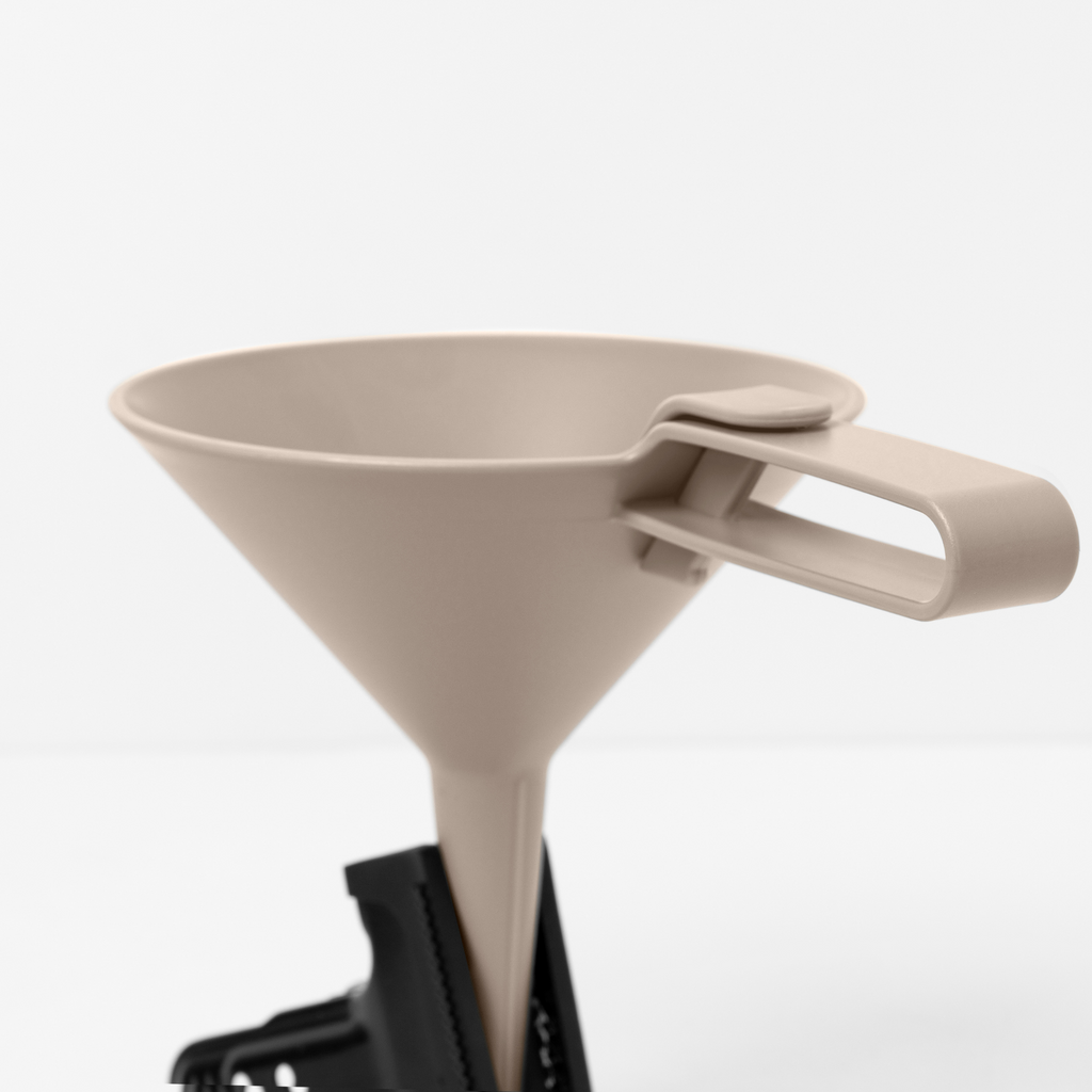Blim+ Dolina Funnel in taupe, side view with the handle folded out