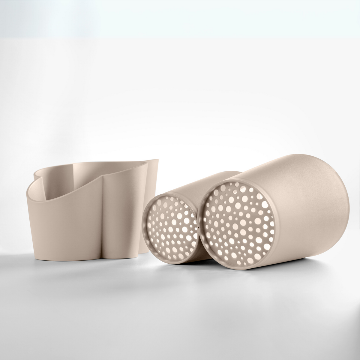 Blim+ Gocciolo Cutlery Drainer in taupe, with the two parts shown side by side