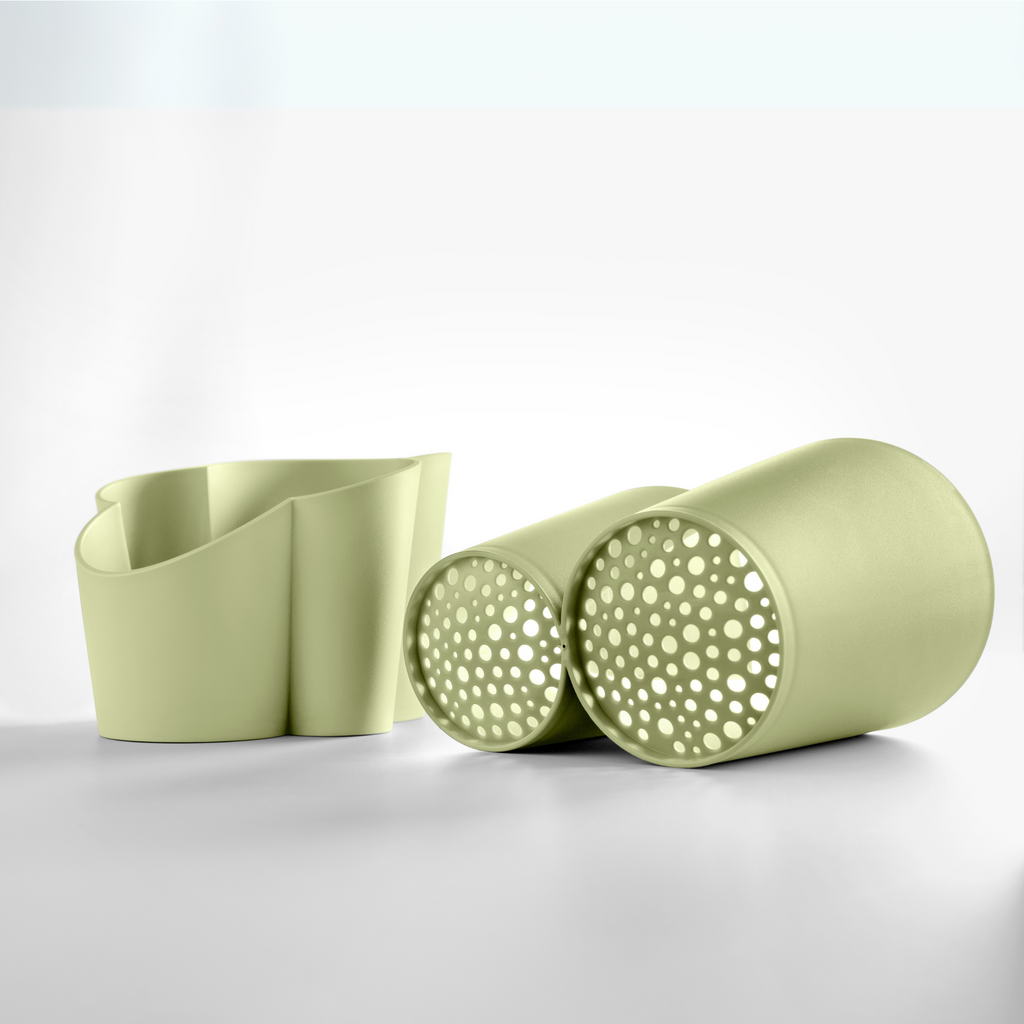 Blim+ Gocciolo Cutlery Drainer in green, with the two parts shown side by side