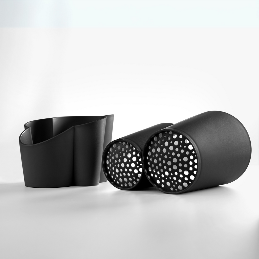Blim+ Gocciolo Cutlery Drainer in black, with the two parts shown side by side
