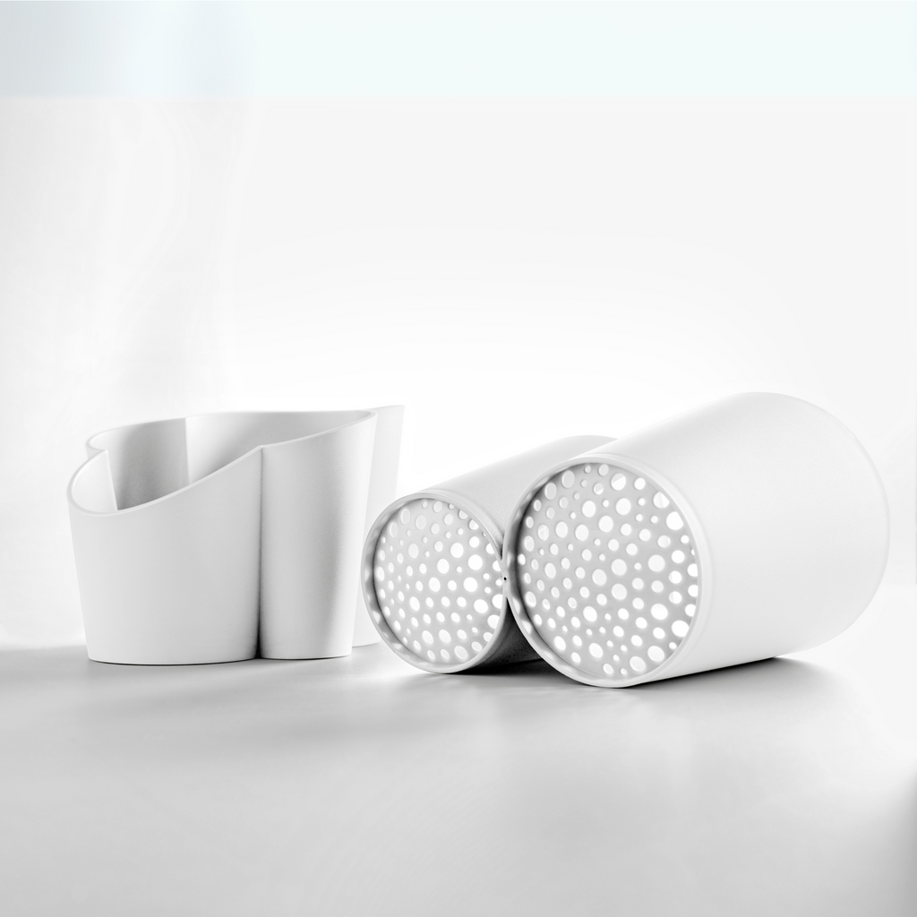Blim+ Gocciolo Cutlery Drainer in white, with the two parts shown side by side