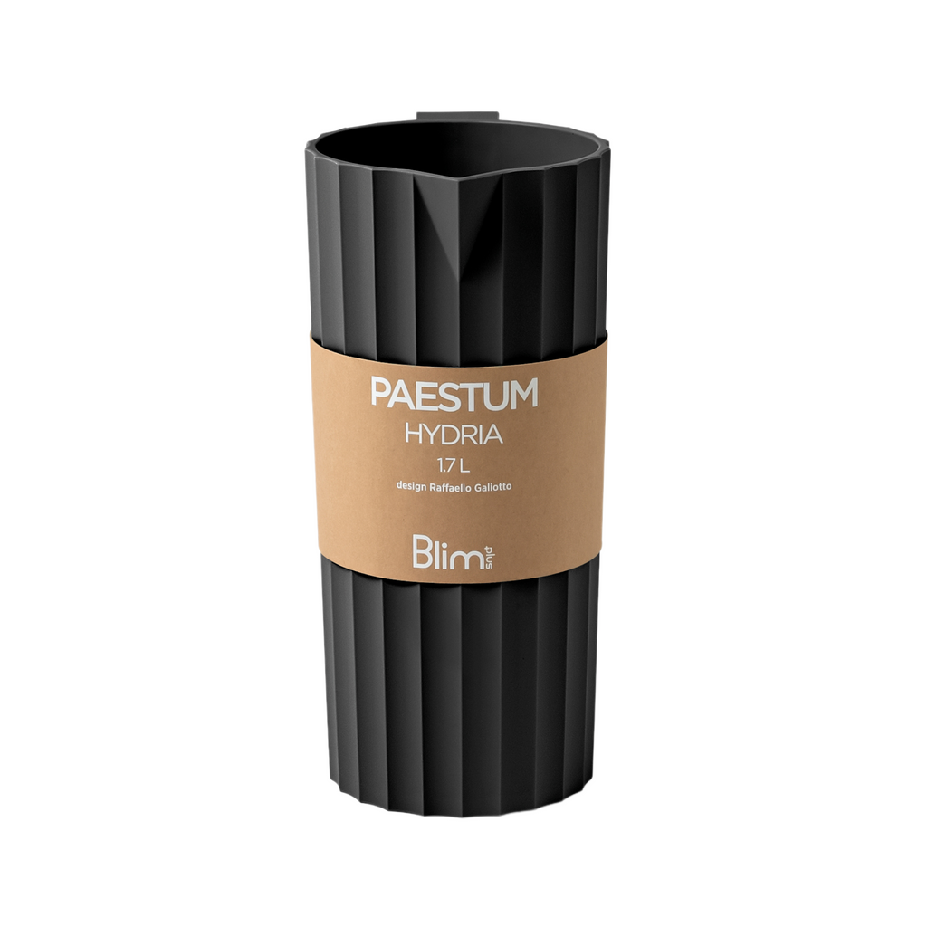 Blim+ Carafe Hydria in black, with its paper packaging band