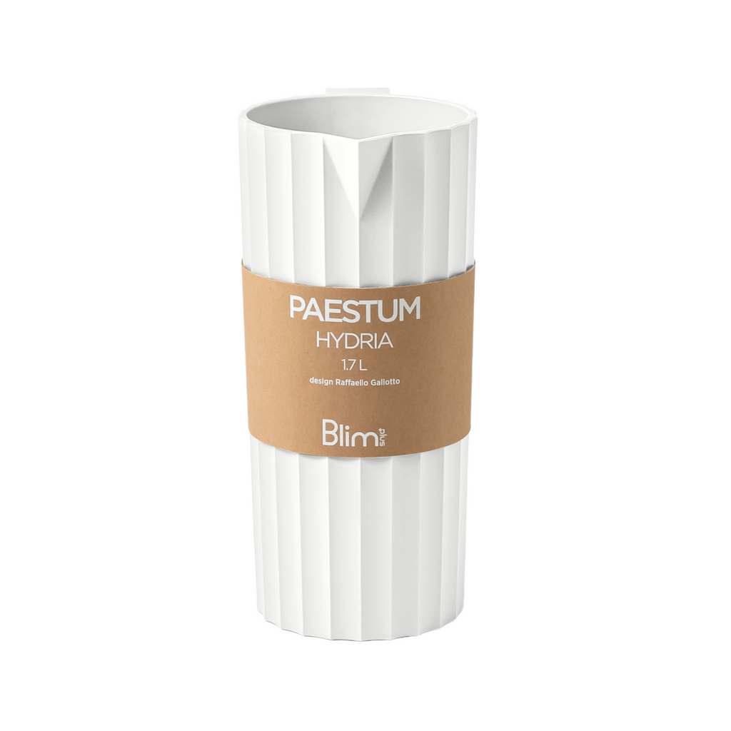 Blim+ Carafe Hydria in white, with its paper packaging band