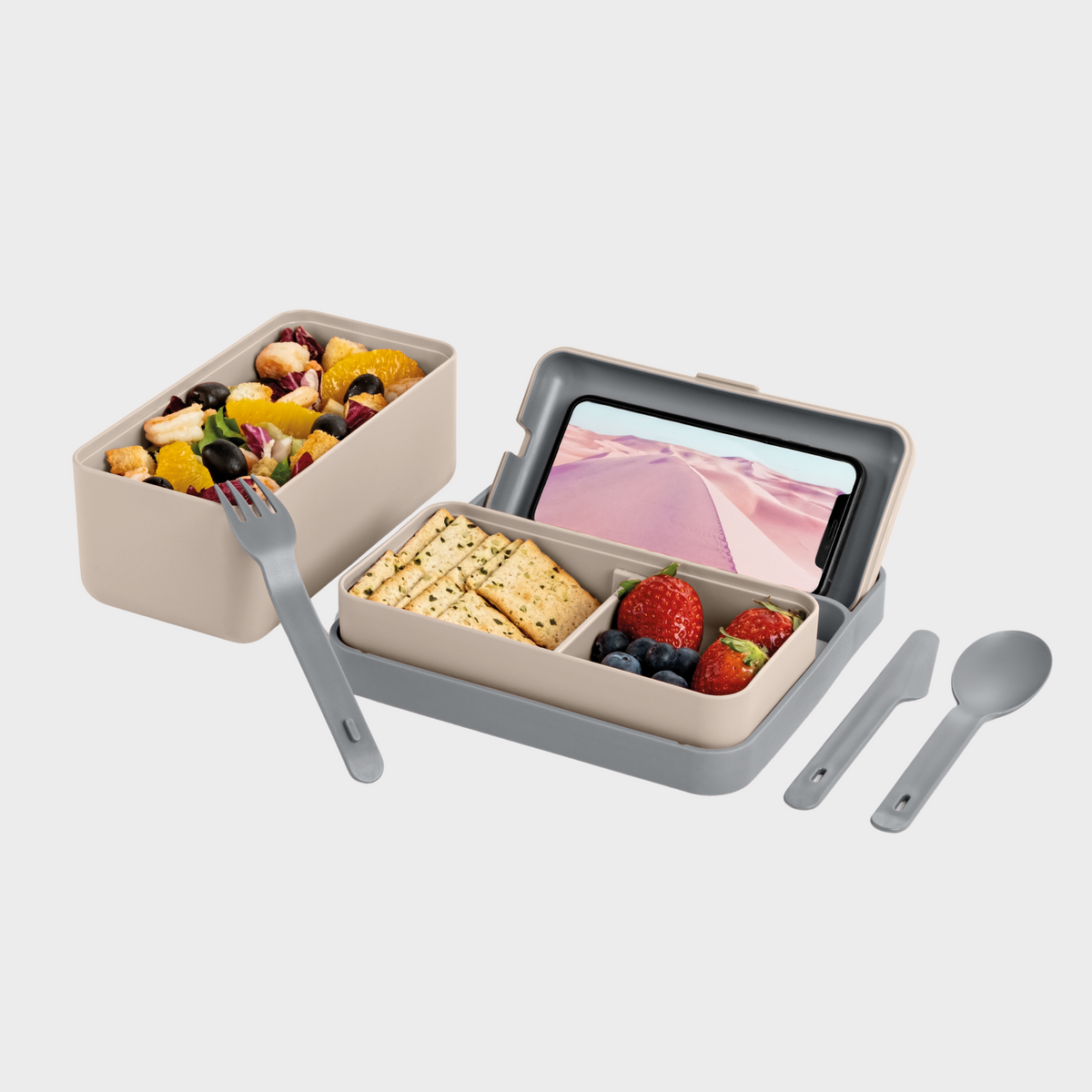 Blim+ Lunchbox Bauletto Small in cream with an open lid holding a phone, food and cutlery