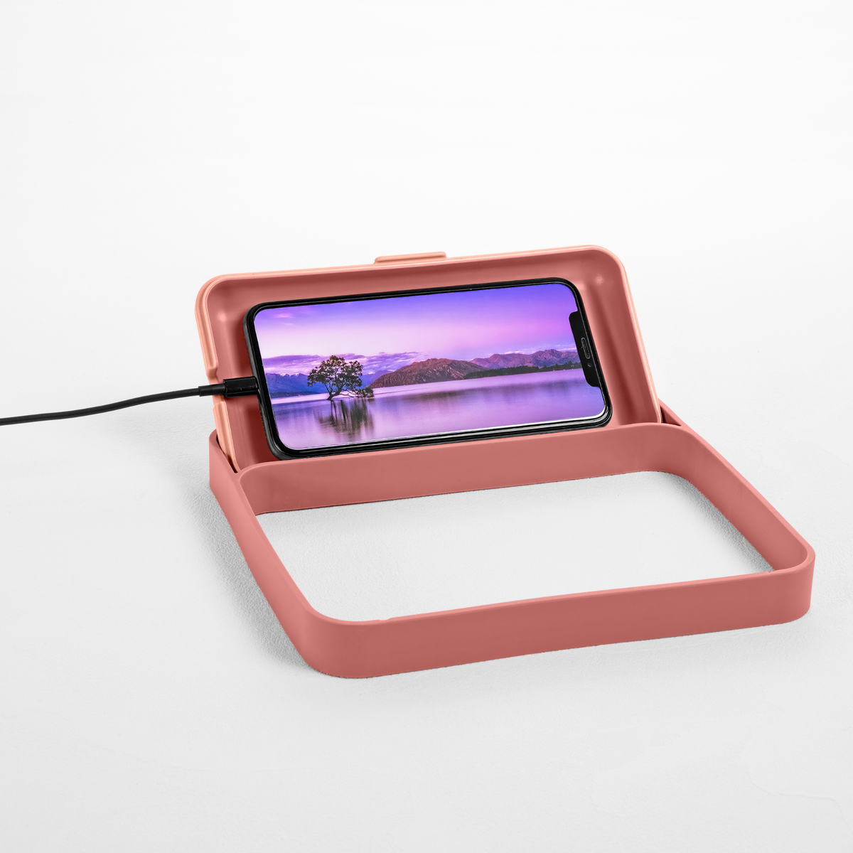 Blim+ Lunchbox Bauletto Small in pink, lid used as a phone stand