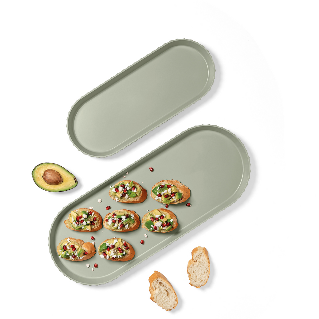 Blim+ Minerva Tray Large in green, oval tray with canapés and avocado