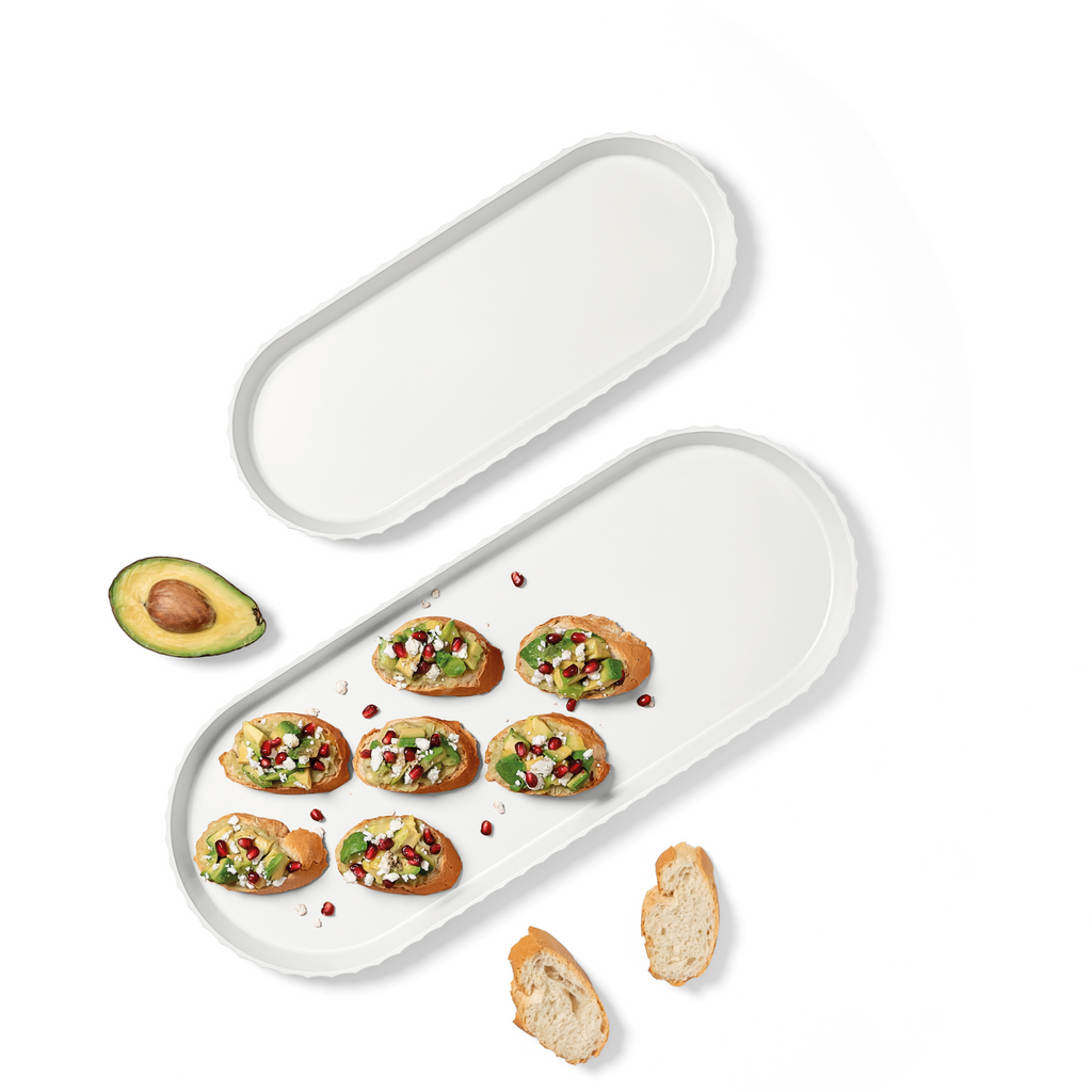 Blim+ Minerva Tray Large in white, oval tray with canapés and avocado
