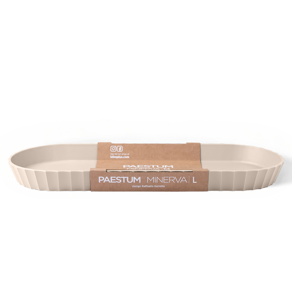 Blim+ Minerva Tray Large in beige, with its paper packaging band