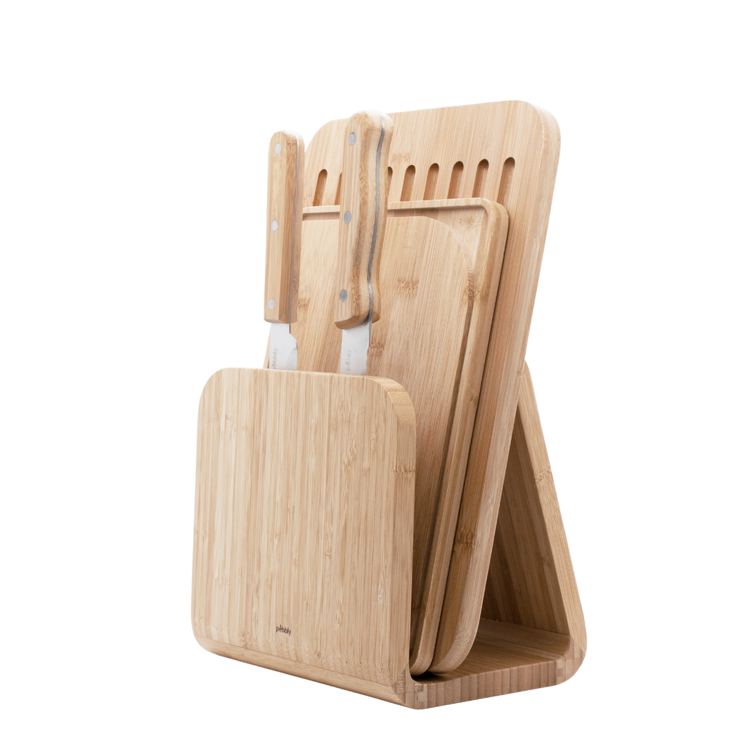 Pebbly Boards, Knives & Holder - 5 Piece Set