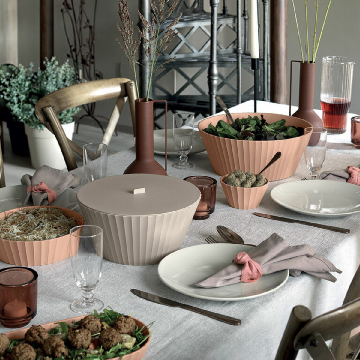 Blim+ Nettuno Bowl Extra Large in pink and beige on a set dining table