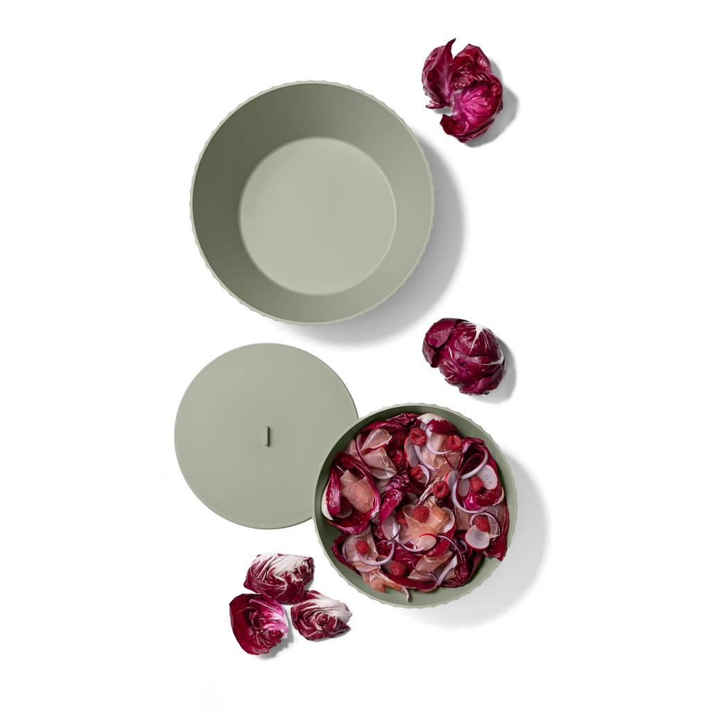 Blim+ Nettuno Bowl Extra Large in green, seen from above beside a bowl of food