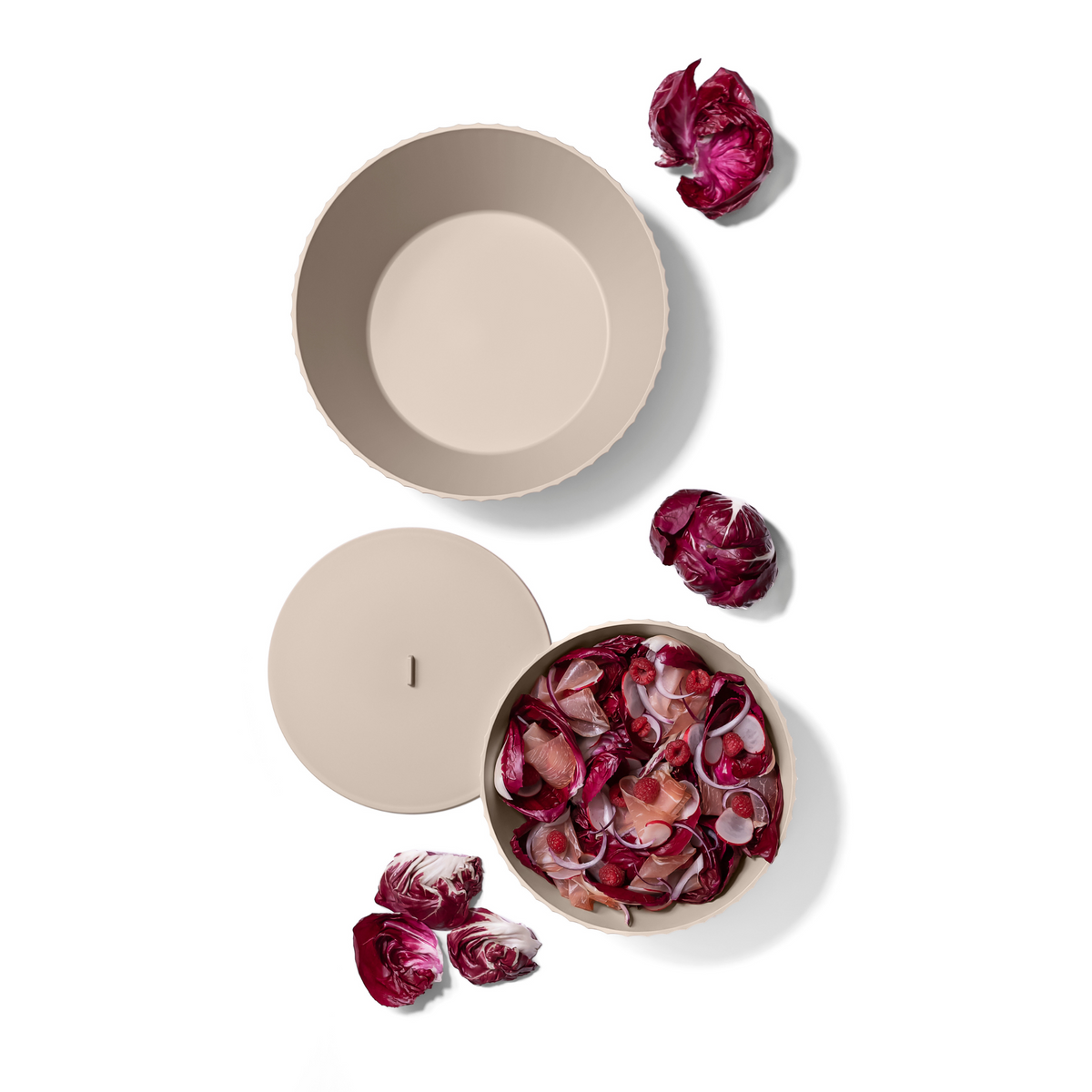 Blim+ Nettuno Bowl Extra Large in beige, seen from above beside a bowl of food