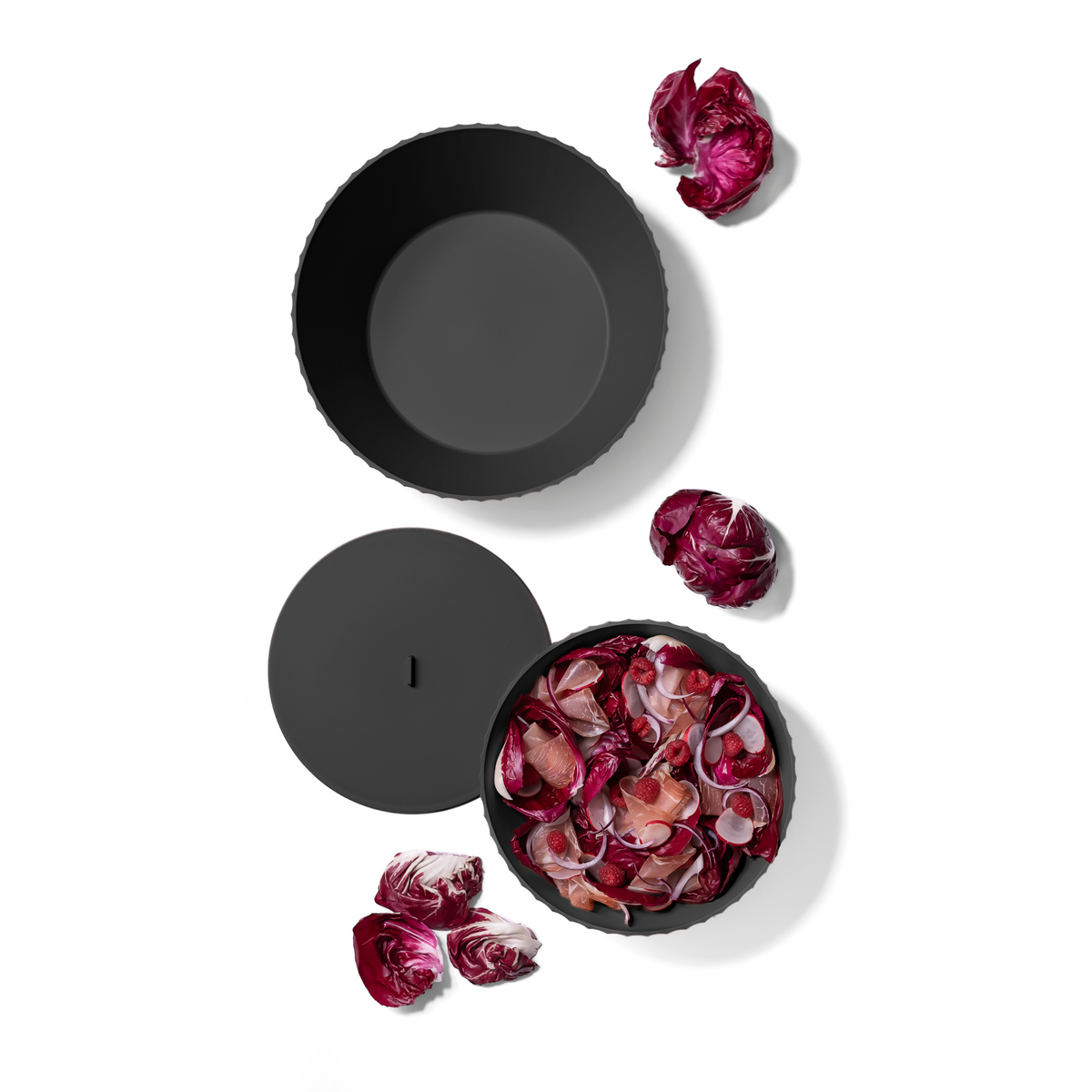 Blim+ Nettuno Bowl Extra Large in black, seen from above beside a bowl of food