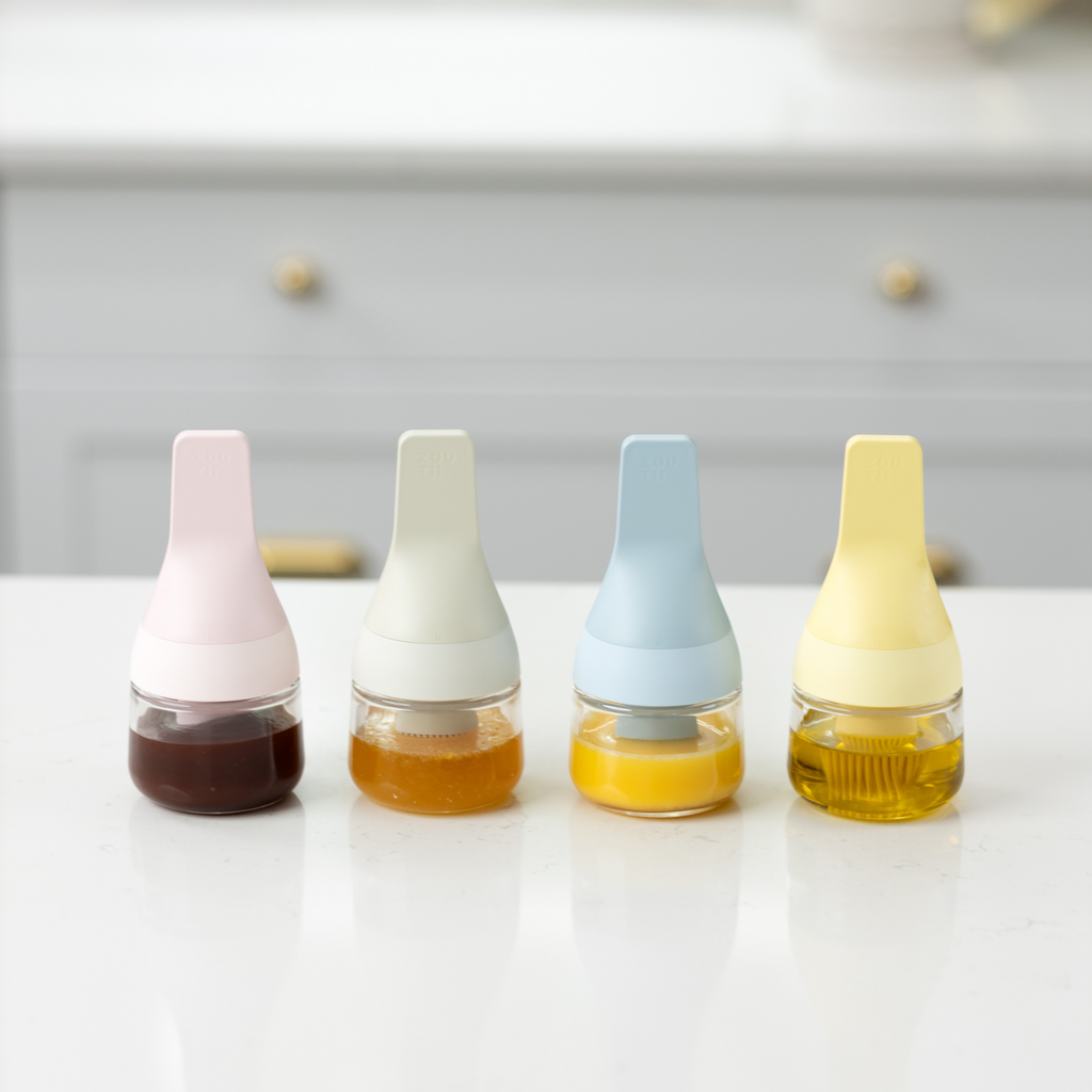 Zuutii Oil Dispenser with Brush in pink, cream, blue and yellow filled with sauces and oils