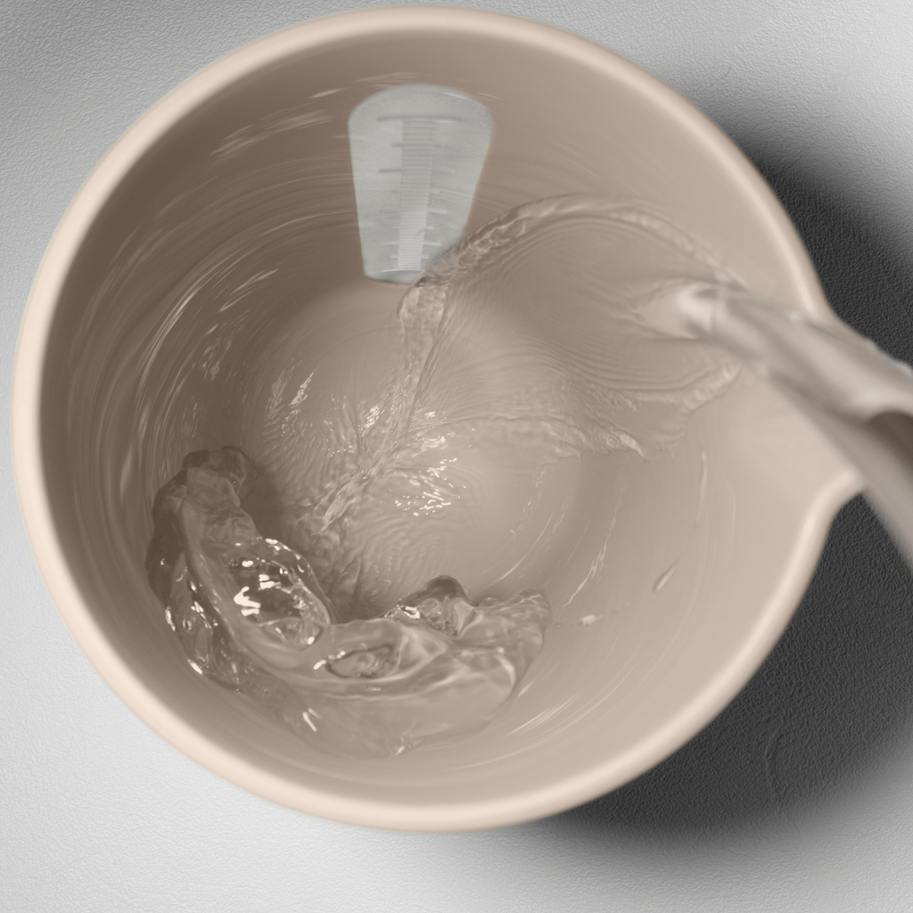 Blim+ QB Carafe in taupe, seen from above with water being poured in
