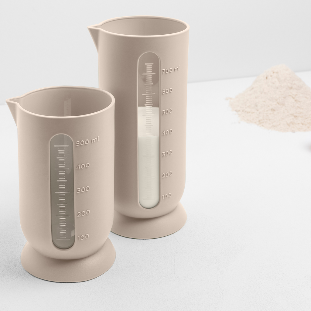 Blim+ QB Carafe Small and Medium in taupe, side by side with flour measured in