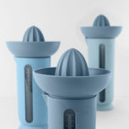Blim+ UFO Juicer with QB Carafe in blue, with juicer and carafes in different sizes