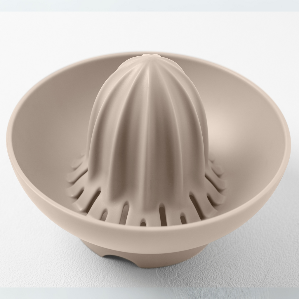 Blim+ UFO Juicer with QB Carafe in taupe, juicer top seen from above