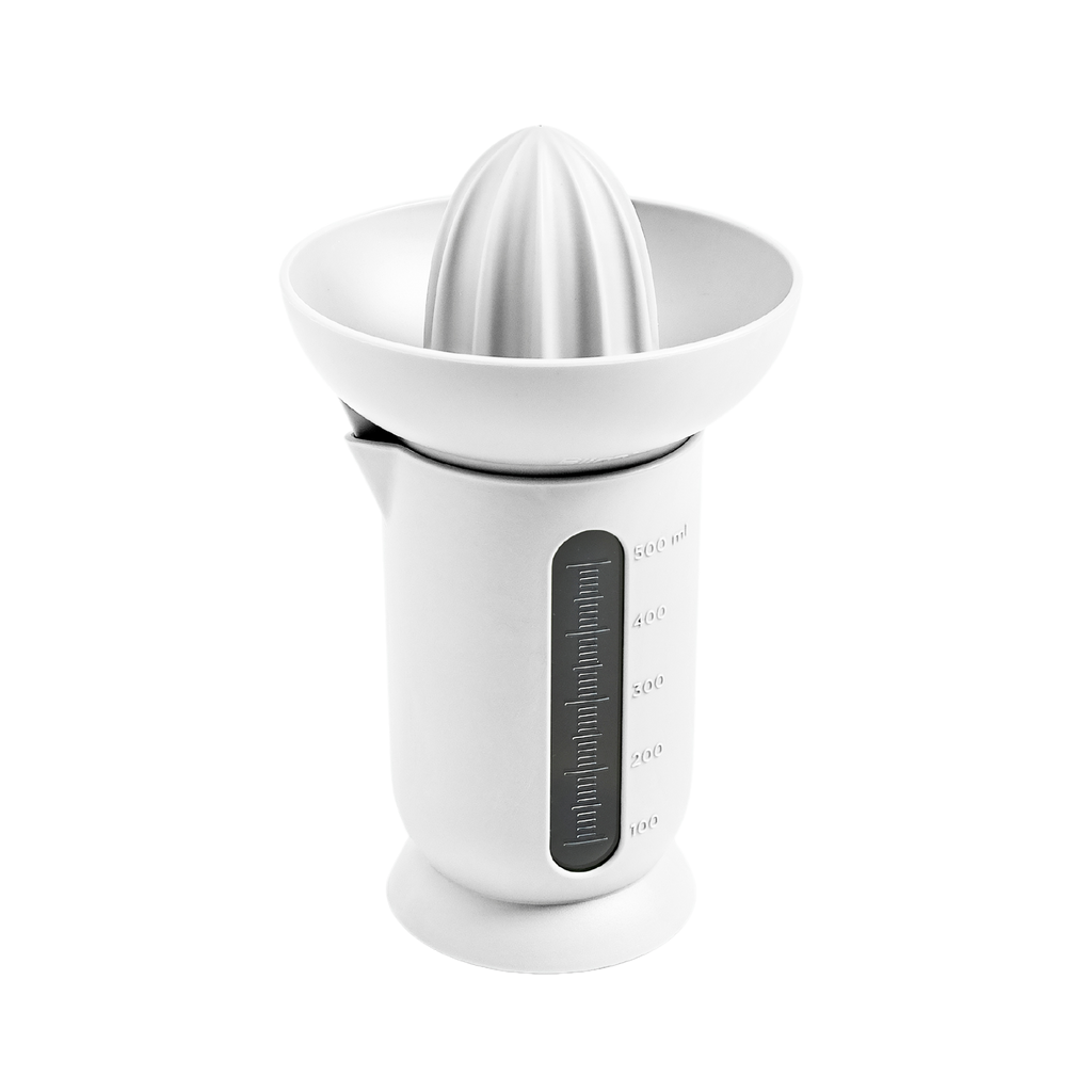 Blim+ UFO Juicer with QB Carafe in white, front view